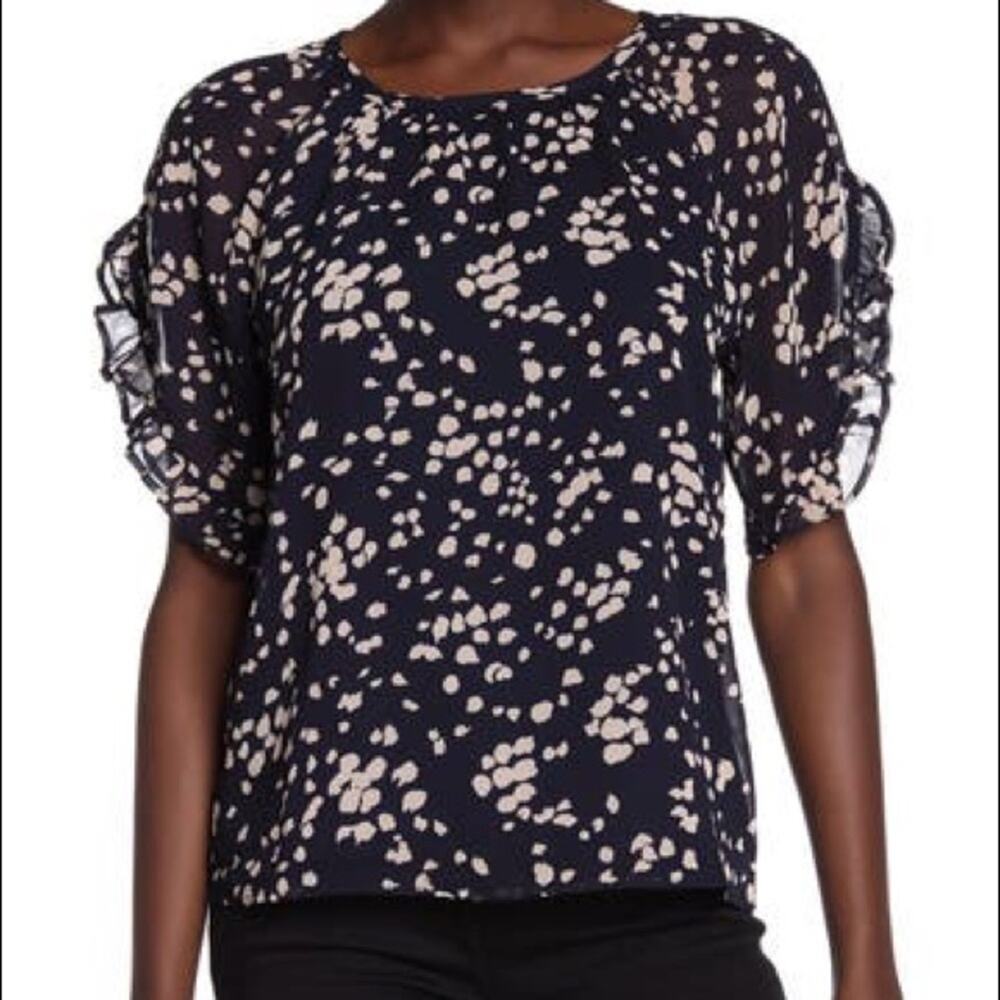 Madewell Memento Navy Blue Floral Ruffle Short Sleeve Top Size XS